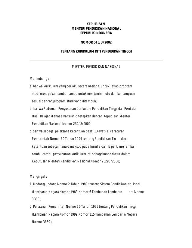 kepmendiknas no 045 u 2002